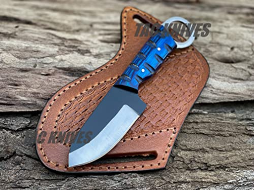 TAC KNIVES 7'' Full Tang Fixed Blade Outdoor Camping Hunting Knife In Sheath Gift For Him | 1095 High Carbon Steel Knife | SKINNER Gift | Cowboy knives | Pancake leather sheath (BLUE) - color: BLUE