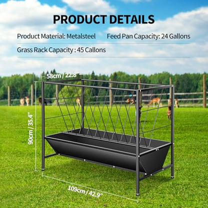 RYFT 2 in 1 Pasture Hay Feeder 45 Gallon Livestock Feed Trough with 24 Gallon Feed Pan, Hay Grain Livestock Feeder for Sheep, Calf, Cow and Horse
