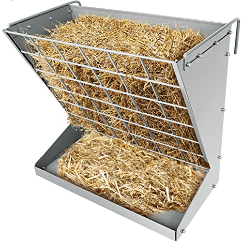 Wall Mount Hay Rack, Metal 2 in 1 Hay and Grain Feeder - color: Silver