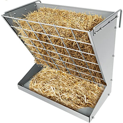Wall Mount Hay Rack, Metal 2 in 1 Hay and Grain Feeder - color: Silver