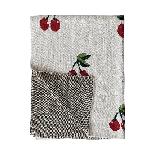Creative Co-Op Cotton Knit Baby Blanket with Cherry Print, Cream with Red and Green - color: Cherries, size: 40" L x 32" W