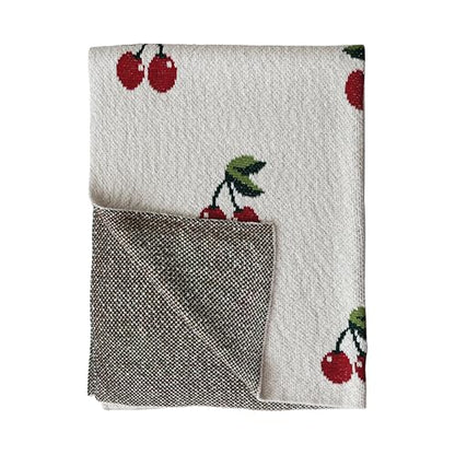 Creative Co-Op Cotton Knit Baby Blanket with Cherry Print, Cream with Red and Green - color: Cherries, size: 40" L x 32" W