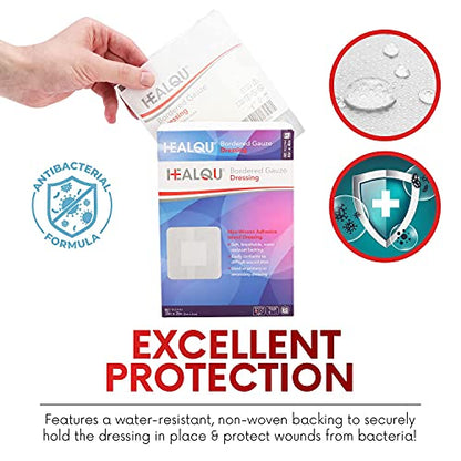 HEALQU Bordered Gauze Island Dressing - 50 Count, 2" x 2" Sterile Individually Wrapped Gauze Pads with Water-Resistant, Non-Woven Backing - Soft and Breathable Wound Dressing for First Aid and Medical - size: 2x2" (1x1" pad) Box of 50