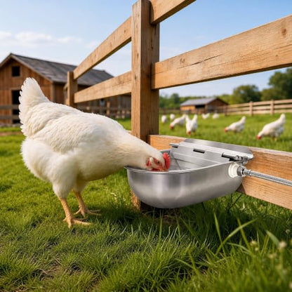 Automatic Livestock Waterer, 304 Stainless Steel Auto Fill Drinking Bowl with Float Valve, Drainage Hole & Protective Baffle, Wall Mount or Floor Stand, for Dogs, Chickens, Horses, Goats, Pigs