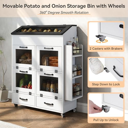 Verano Garden 31.5" Large Potato and Onion Storage Bin on Wheels, Bread Box - color: White, size: 31.5"