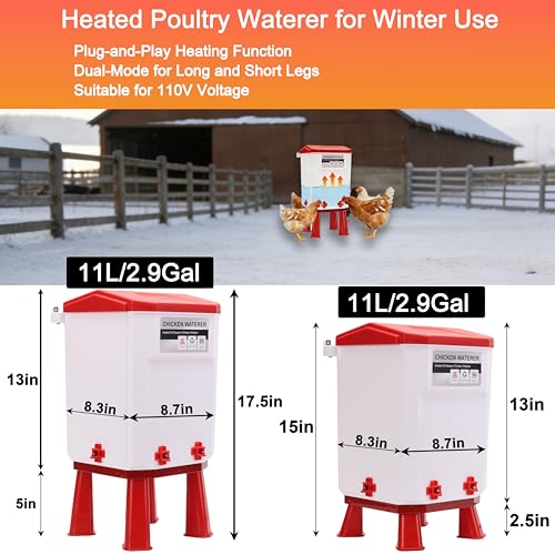 3 Gallon Heated Chicken Waterer, Chicken Water Heater with Thermostat Control,Winter Anti-Freezing Poultry Drinking Water Heater,Hanging/Standing