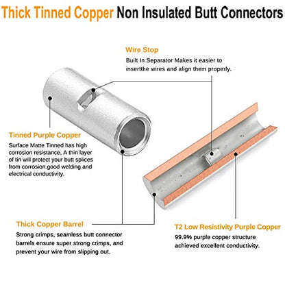 SVAAR 20PCS 8 Gauge Non-Insulated Butt Connectors 8 AWG Uninsulated Butt Splices Tinned Copper Marine Grade Seamless Barrel Crimp Butt Splice Wire Connectors & 20PCS 3:1 Adhesive Lined Heat Shrinks - size: 8 AWG