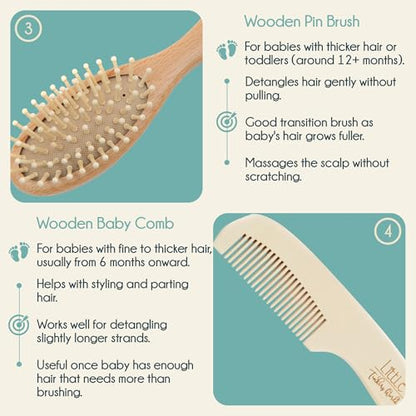 Little Tinkers World Wooden Baby Hair Brush and Comb Set, 4-Piece | Natural Wooden Set with Soft Goat Hair Bristle Brush, Beech Wood Massage Brush, Maple Wood Comb & Soft Silicone Scalp Brush