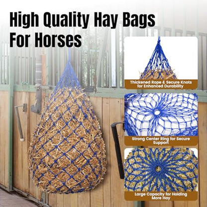 Slow Feed Hay Nets for Horses, 2 Pack, 40 Inch, 2 Inch Holes, Blue - color: Blue