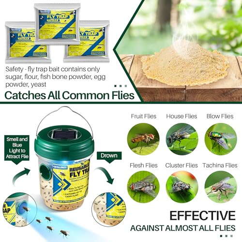 Qualirey 3 Fly Traps Outdoor with 3 Non Toxic Dissolvable Bait Refills, Reusable Insect Catcher Killer for All Filth Flies with Solar LED Light Design, Fruit Flies Traps for Outside Bug Control Yard