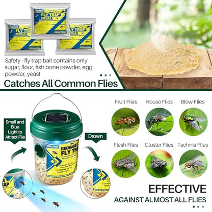 Qualirey 3 Fly Traps Outdoor with 3 Non Toxic Dissolvable Bait Refills, Reusable Insect Catcher Killer for All Filth Flies with Solar LED Light Design, Fruit Flies Traps for Outside Bug Control Yard