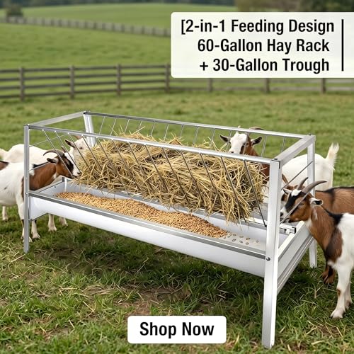 2-in-1 Goat Hay Feeder with Grain Water Pan, 90 Gallon Capacity, 59" Long Rust Resistant Galvanized Livestock Feeding Trough, Heavy Duty Steel for Goats, Sheep, Cow, Horse