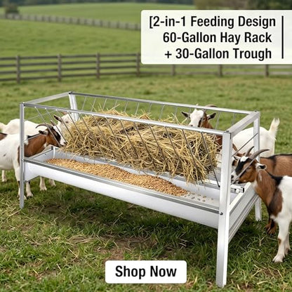2-in-1 Goat Hay Feeder with Grain Water Pan, 90 Gallon Capacity, 59" Long Rust Resistant Galvanized Livestock Feeding Trough, Heavy Duty Steel for Goats, Sheep, Cow, Horse