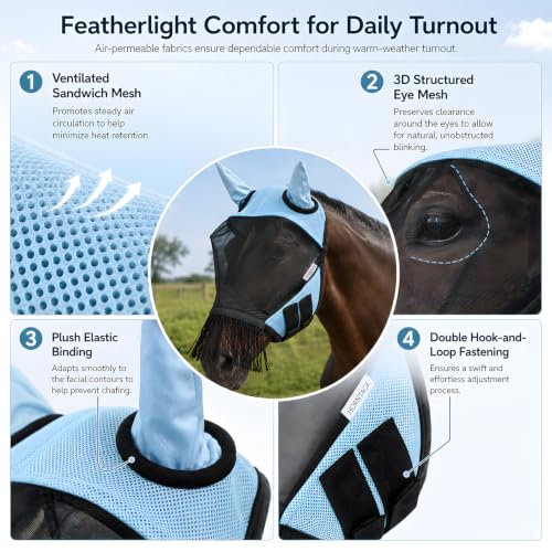 Breathable Horse Fly Mask with Ears and Nose Fringe(M) - size: M