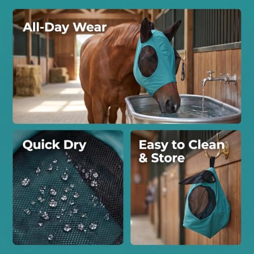 Horse Fly Mask – Nylon-Spandex Face with Breathable Mesh Eyes & Ears, UV Protection Soft Edging Prevents Chafing, Durable & Easy to Clean for Horses & Ponies, Size L - size: L