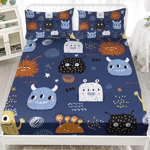 Monsters Sheets Set 4Pcs for Kids,Cute Monsters Printed Sheet Set with 1 Flat Sheet and 1 Fitted Sheet + 2 Pillowcases(Cute Monsters Twin) - color: Cute Monsters, size: Twin 67x97 inches