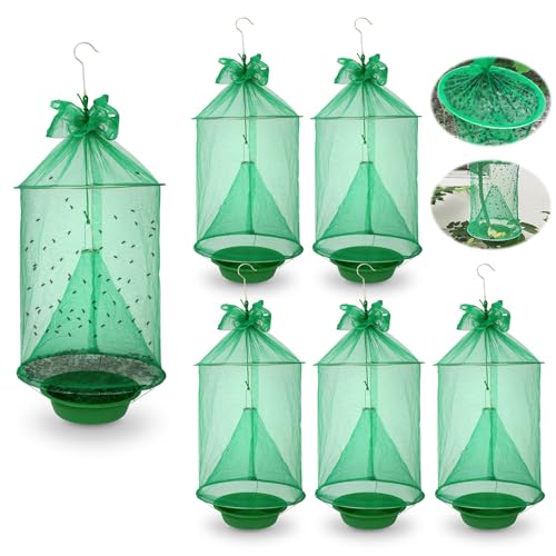 6 Pack Reusable Outdoor Fly Trap Hanging Fly Catcher with Brush | Fly Cage Ranch Fly Traps with Bait Tray, Fly Control Killer Repellent Hunter Catcher for Barn Orchard Farm Horse Patio - size: 6 pack