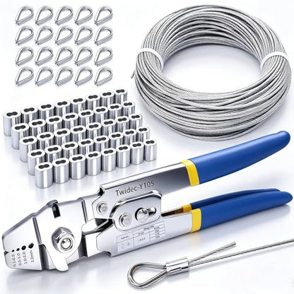 Twidec/Wire Rope Crimping Tool Kit Up To 2.2mm Swaging Tool With 165FT 1/16'' 304 stainless steel Wire Rope And 150PCS 1/16''Aluminum Crimping Loop Sleeve 20PCS Wire Rope Thimbles - style: 165FT