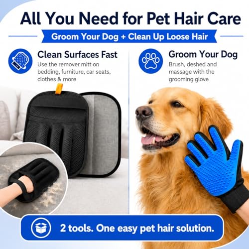 NVNAN 3 PCS Pet Hair Removal Glove and Pet Hair Remover | Groom pets and remove fur from clothes, bedding, car seats, and couches with reusable grooming and fabric gloves - color: Big Fabric Pet Hair Gloves+Pet Grooming Brush