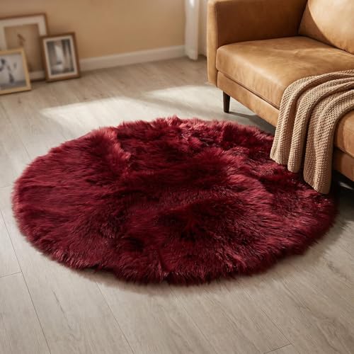 duduta Burgundy Faux Fur Sheepskin Round Rug 4x4 ft, Fluffy Shag Circle Rug - color: Burgundy, size: 4' x 4'