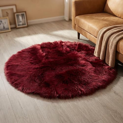 duduta Burgundy Faux Fur Sheepskin Round Rug 4x4 ft, Fluffy Shag Circle Rug - color: Burgundy, size: 4' x 4'