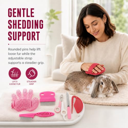 Rabbit Grooming Kit, 7-Piece Bunny Brush and Nail Care, Pink | 7 tools for loose fur, combing, light tangles and nail care; for rabbits, guinea pigs, hamsters and ferrets - color: Pink