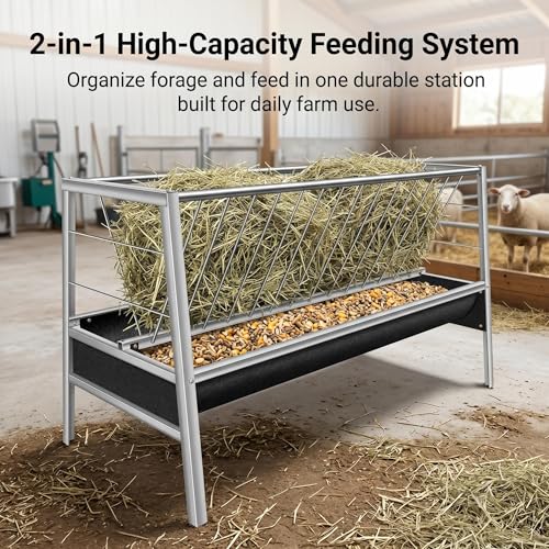 30 Gallon Large Livestock Feeding Trough, 59-Inch Heavy Duty Galvanized Steel Hay Feeder for 15+ Goats, Rust-Proof Metal Sheep Feeder for Pigs, Horses, and Cattle, Ideal for Farm & Ranch