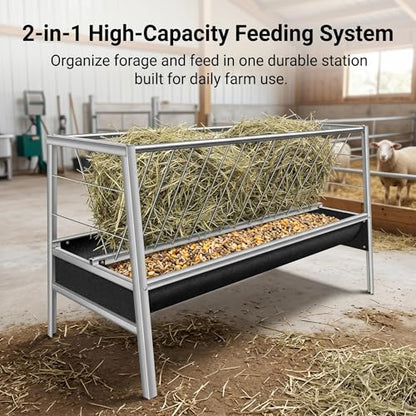 30 Gallon Large Livestock Feeding Trough, 59-Inch Heavy Duty Galvanized Steel Hay Feeder for 15+ Goats, Rust-Proof Metal Sheep Feeder for Pigs, Horses, and Cattle, Ideal for Farm & Ranch