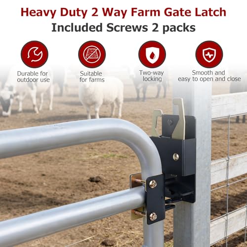 findmall Heavy Duty 2 Way Farm Gate Latch 2 Pack Fence Gate Accessory for Metal Gates Livestock Areas Horse Corrals Ranches and Farms with Mounting Screws and Directions