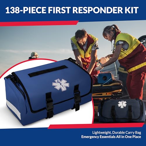 First Responder Trauma First Aid Kit Bag – Fully Stocked Emergency Medical Kit for Workplace, Vehicle & Home – OSHA & ANSI Compliant – Portable – Blue - color: Blue