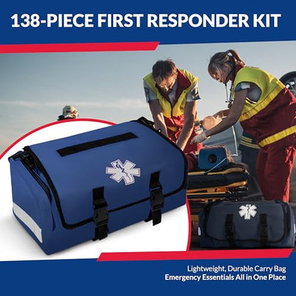 First Responder Trauma First Aid Kit Bag – Fully Stocked Emergency Medical Kit for Workplace, Vehicle & Home – OSHA & ANSI Compliant – Portable – Blue - color: Blue