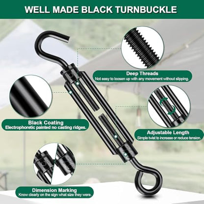 Black Small Turnbuckles for Cables Wire, M5 Hook and Eye Tensioner - size: 6 Pcs M5 x 4.7"
