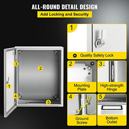 VEVOR NEMA Steel Enclosure, 20 x 16 x 10'' NEMA 4X Steel Electrical Box, IP66 Waterproof & Dustproof, Outdoor/Indoor Electrical Junction Box, with Mounting Plate - size: 20 x 16 x 10