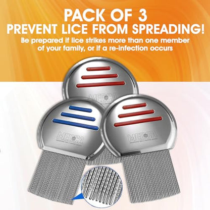 Lice Comb - (Pack of 3) Head Lice Treatment that's Individually Packaged Professional Stainless Steel Louse and Nit Combs Removes Eggs with Rounded Tips for Comfort