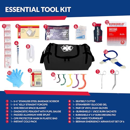 Fully Stocked Trauma First Aid Kit – First Responder II Bag with Tools, Gauze, Bandages, Scissors & Gloves – Compact & Portable – OSHA and ANSI Compliant – Black - color: Black