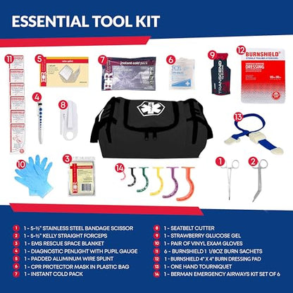 Fully Stocked Trauma First Aid Kit – First Responder II Bag with Tools, Gauze, Bandages, Scissors & Gloves – Compact & Portable – OSHA and ANSI Compliant – Black - color: Black
