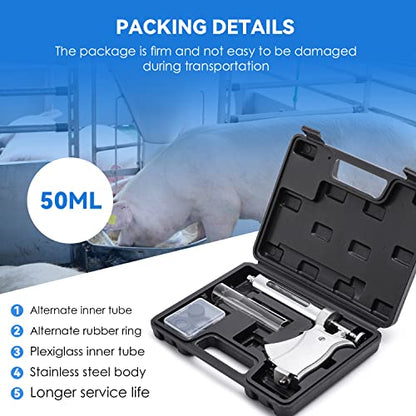 NEWTRY 50ML Continuous Livestock Syringe Adjustable Poultry with 10 Needles | Semi Automatic Syringe Adjustable Poultry Gun Stainless Steel with 10 Needles for Horse Sheep Cattle