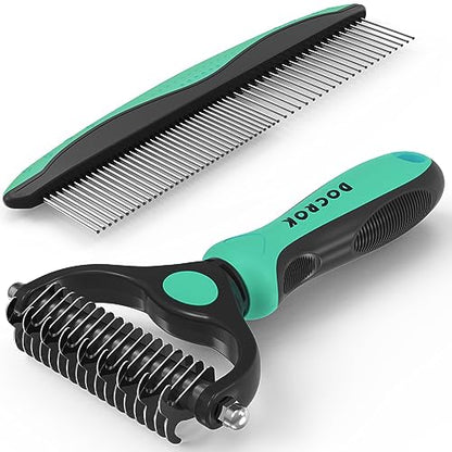 Docrok Pet Grooming Brush and Metal Comb Combo for Dogs & Cats, Green | Dematting Deshedding Undercoat Rake, Cat Brush Dog Brush Shedding Tool for Long Matted Haired Pets - color: Green