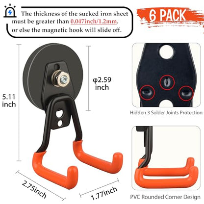 ULIBERMAGNET New Upgraded Heavy Duty Magnetic Garage Hooks,6 Pack Strong Large Magnet Hooks for Power Drill,Garden Tools,Hose,Pegboard,Garage, Workshop,Magnetic Storage Hook for Hanging(Orange) - style: V1 Pro 2.59" Strong Medium L Orange 6PC