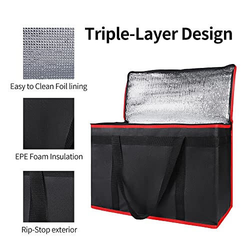 Bodaon Insulated Food Delivery Bag, XX-Large Reusable Grocery Shopping Bags, Picnic Cooler Bag Zipper/Zippered Top Cold, Black with Red Edge, 1-Pack | Reusable Grocery Shopping Bags, Picnic Cooler Bag, Zipper/Zippered Top Cold, Commercial Catering Pizza C