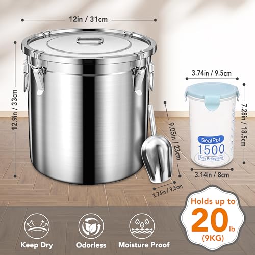 Newget 20lb Airtight Stainless Steel Dog Food Storage Container with Scoop - size: 20 lb