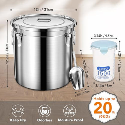 Newget 20lb Airtight Stainless Steel Dog Food Storage Container with Scoop - size: 20 lb