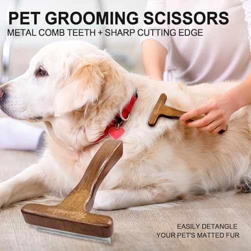 MaximiLian Medium T-Shaped Deshedding Dog Brush with Solid Wood Handle | Stainless Steel Blades,Undercoat Rake for Dogs&Cats,Dog Brush for Shedding,Pet Deshedding Tool,Remove Loose Hair Mats Tangles