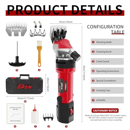 1200W Sheep Shears Clippers, 3200RPM 6-Speed Adjustable Heavy Duty Electric Sheep Shears for Dogs and Farm Livestock Grooming, 13T Blades, Professional Thick Coat Dog Clippers for Alpacas, Goats (RED) - color: Strawberry Red