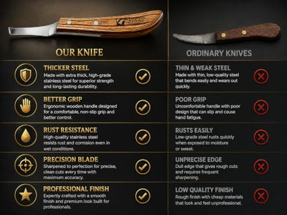 Right-Handed Farrier Hoof Knife, Curved J2 420 Magnetic Stainless Steel Blade, Ergonomic Wooden Handle, Horse Hoof Trimming Tool for Sole & Frog Paring