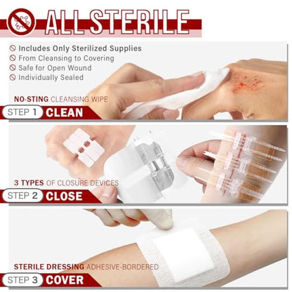 EVERLIT CARE Wound Closure Kit | 28 Pcs All-in-One First Aid with Suture-Free, Stitchless Zip Devices, Butterfly Bandages, for up to 6" Wounds | 100% Sterile Medical Supplies to Clean, Cover & Heal