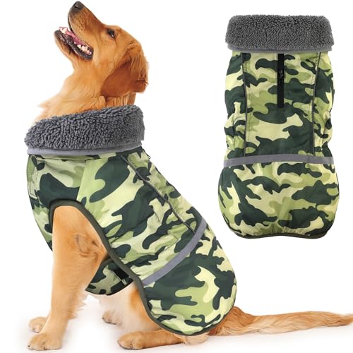 Dogcheer Warm Dog Coat, Waterproof Dog Jacket Reflective Adjustable Puppy Winter Coat with Buckle, Christmas Pet Snow Jacket Turtleneck Fleece Sweater for Small Medium Large Dogs- Camo Green, S - color: Camo Green, size: Small