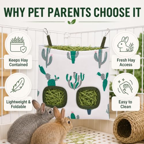 Rabbit Hay Feeder, Guinea Pig Hay Holder & Bunny Hay Feeder – Durable Hanging Hay Bag for Rabbits Chinchillas Guinea Pigs Bunnies – Chew-Resistant Hay Holder for Small Animals (Cactus) - color: Cactus