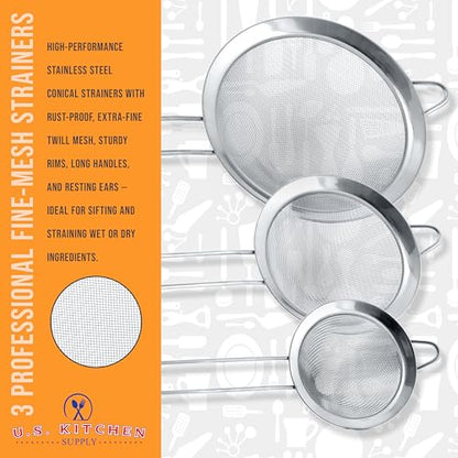 U.S. Kitchen Supply Set of 3 Stainless Steel Conical Strainers - 3", 4" & 5.5" Sizes - Chinois Style, Extra Fine Twill Mesh Sieve, Stainless Steel Strainers and Colanders for Kitchen