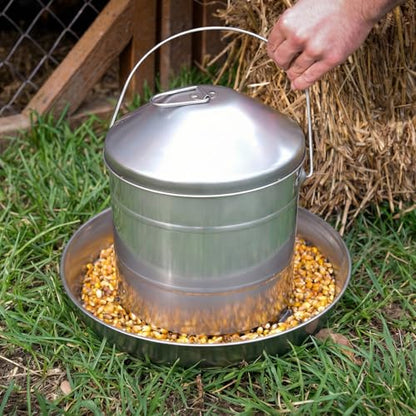 Plexon 17.6 Lb Hanging Chicken Feeder Metal Chicken Feeder with Handle no Waste Food - Stainless Steel - Turkey Duck Poultry Feeder - Heavy Duty Feeding Equipment - Grade Large - size: 17.6 LB